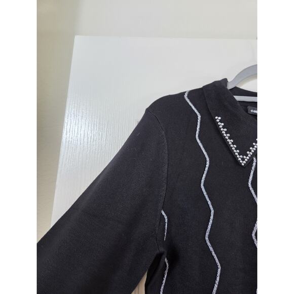 Cable & Gauge Rhinestone Glitter Black Silver Collared Chic Sweater NWT Medium - Picture 7 of 13